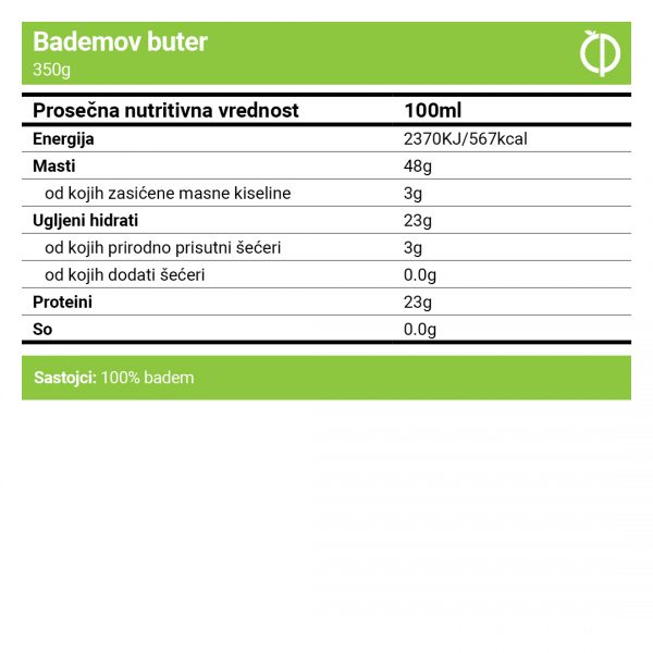 Bademov puter - 100% čist badem - Nutritivne vrednosti